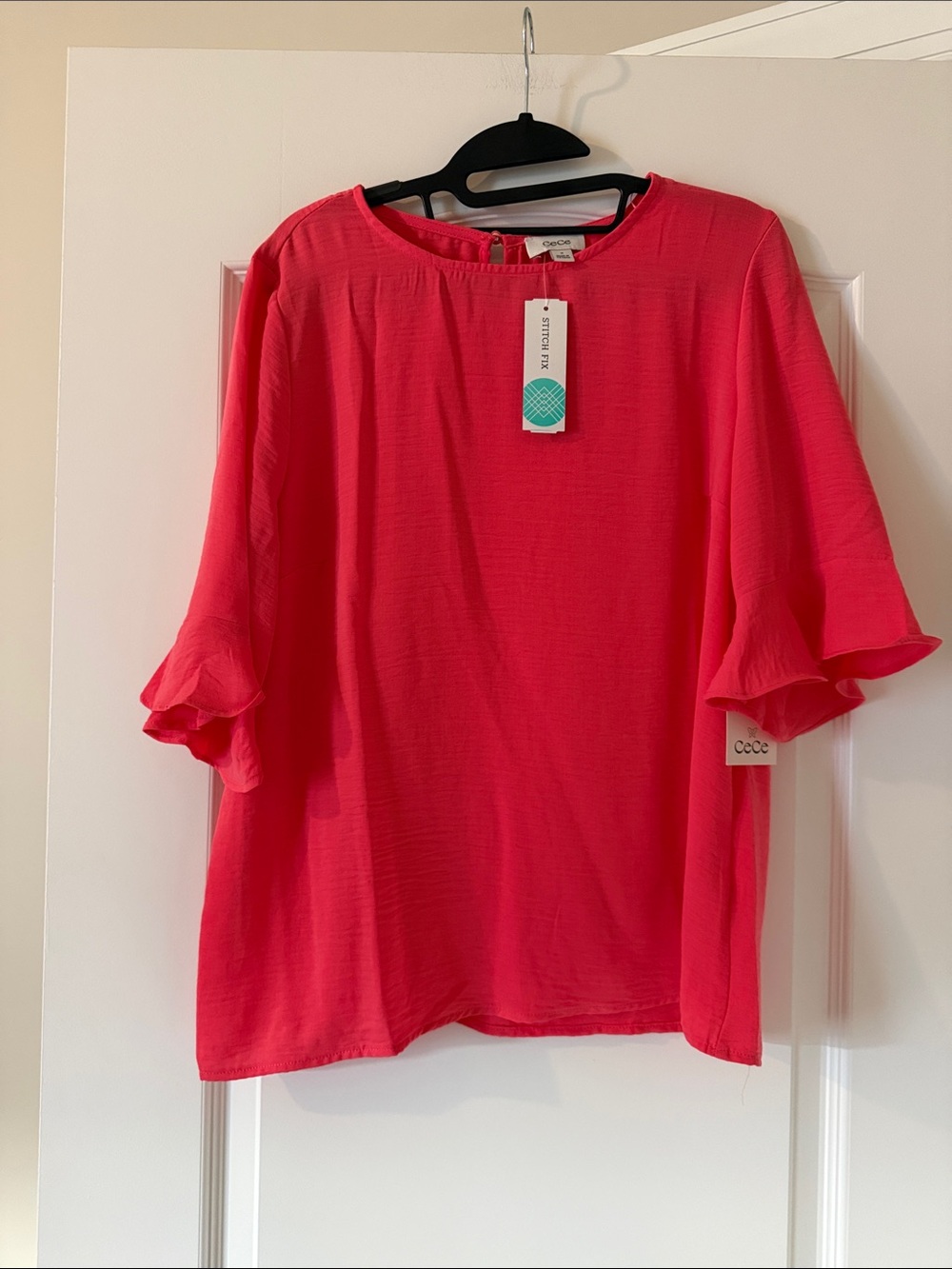 CeCe Coral Ruffle Sleeve Crewneck Blouse